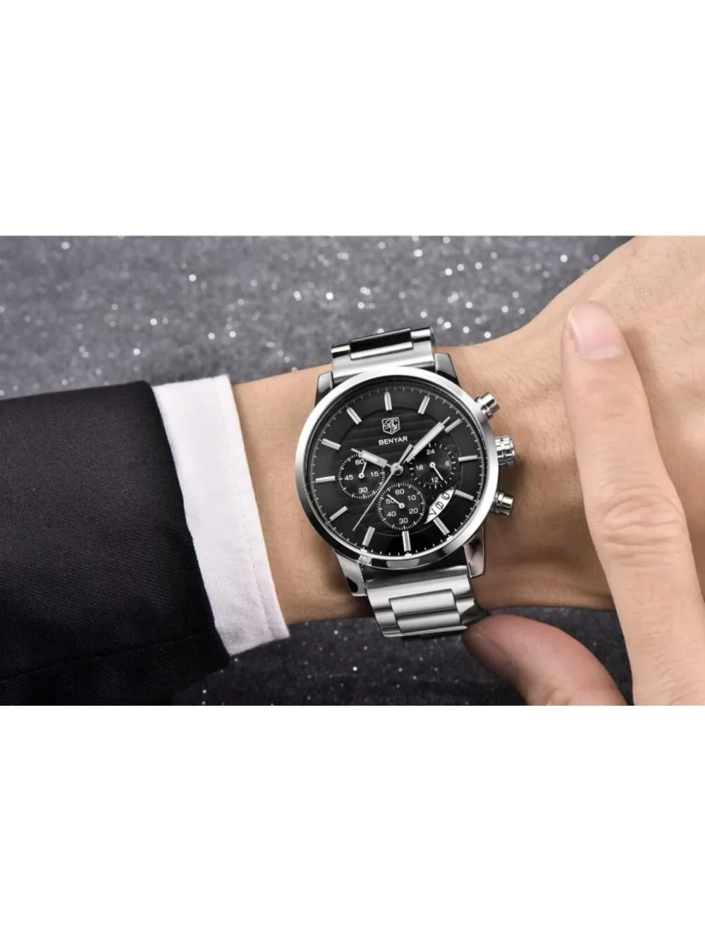 Men's Brown Black Analog Quartz Leather Strap Chronograph Waterproof Wrist Watch